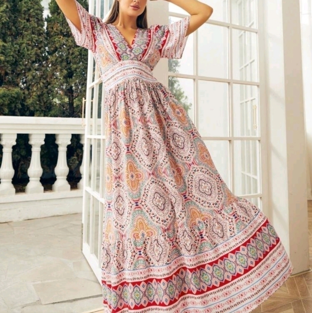Multicolor Boho Floral and Tribal Print, Ruffle Hem,  v neck,  a line, M…